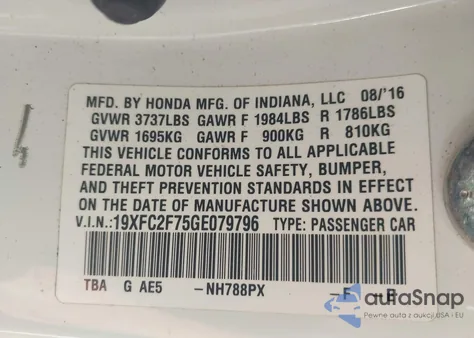 2016 Honda Civic Ex z USA, uszkodzony, nr VIN 19XFC2F75GE079796